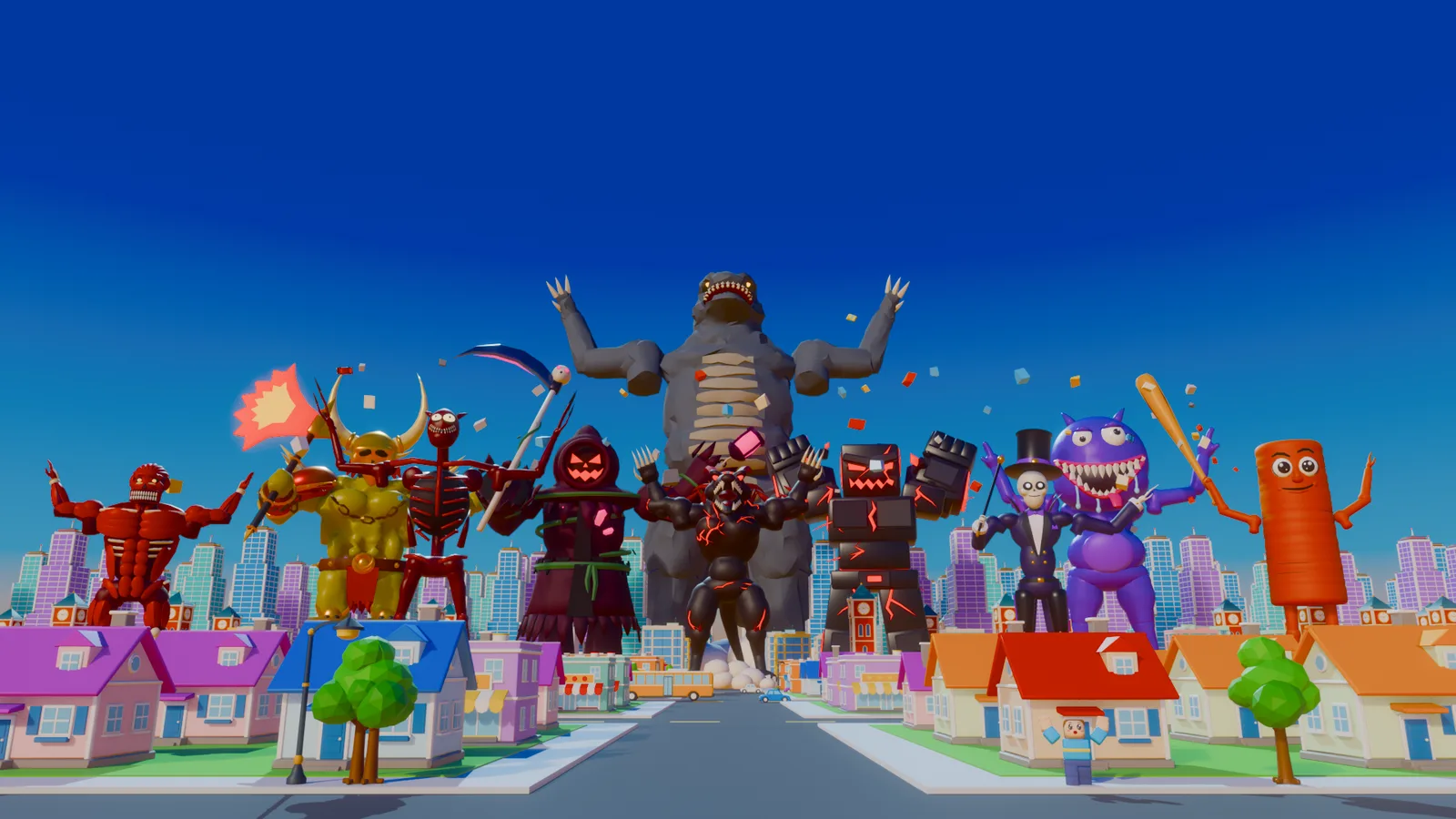 The monsters of Crush the City standing over the city
